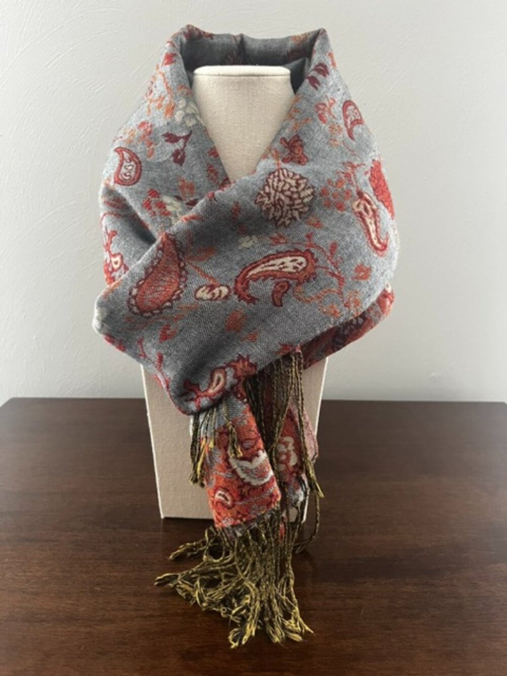 Scarf Wrap Pashmina Paisley Fringe Blue Orange